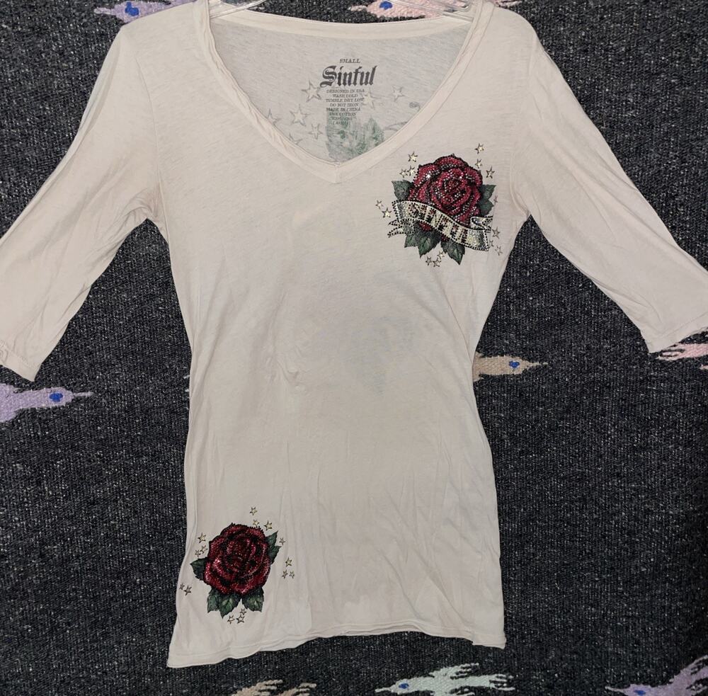 Y2K Women's Sinful Affliction Skull Roses AOP Quarter Sleeve T-shirt Size Small